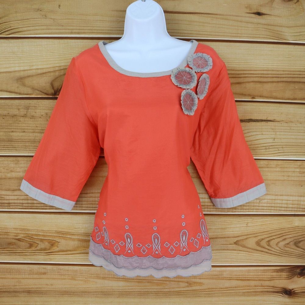 Jaloux Blouse Womens Size 5 Orange Geometric‎ Poly Blend 3/4 Sleeve Embroidered